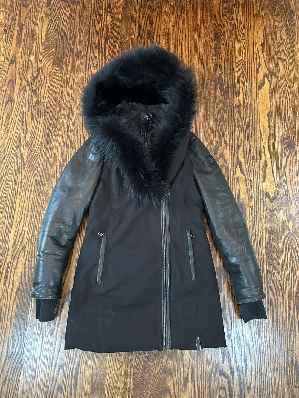 Rudsak Down Filled Jacket with Leather Sleeves and Raccoon Fur Hood